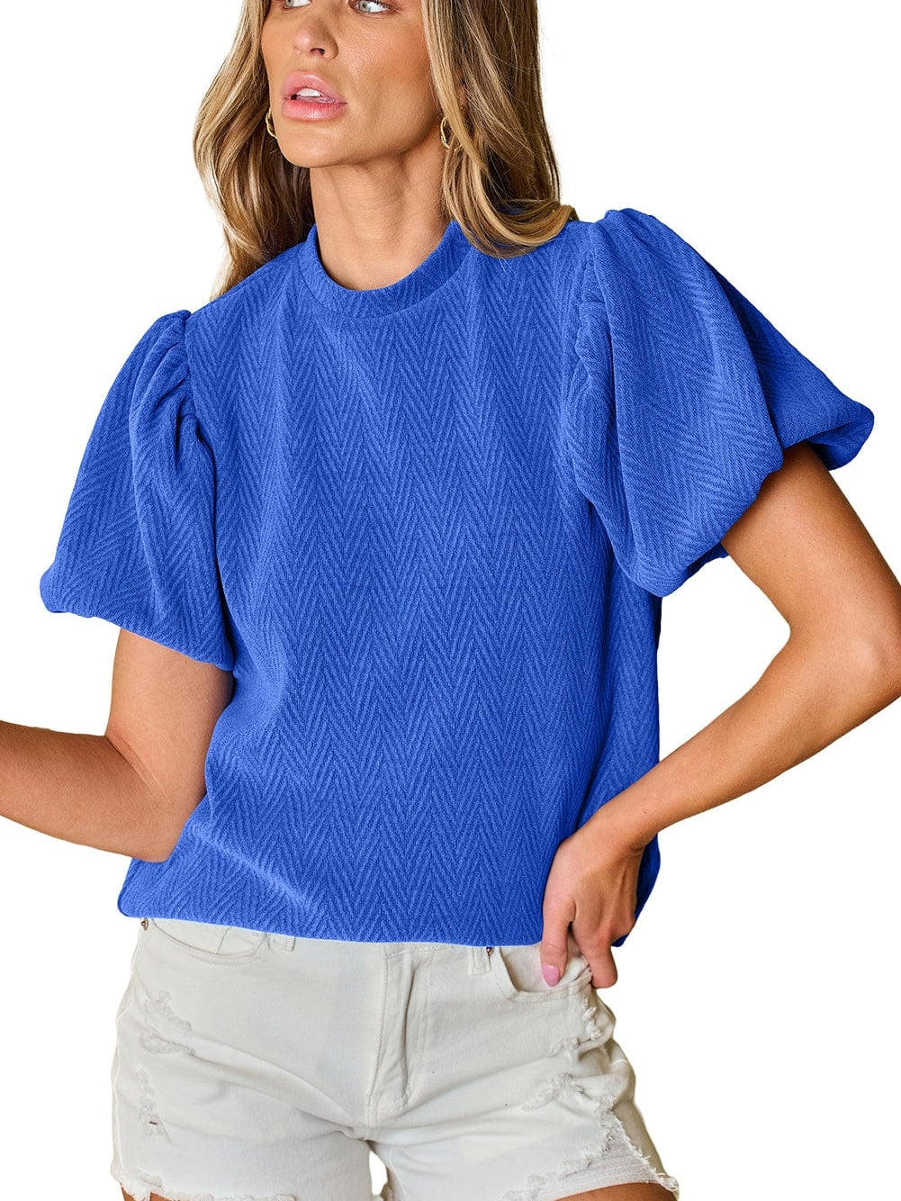 Sky Blue Chevron Texture Mock Neck Blouse