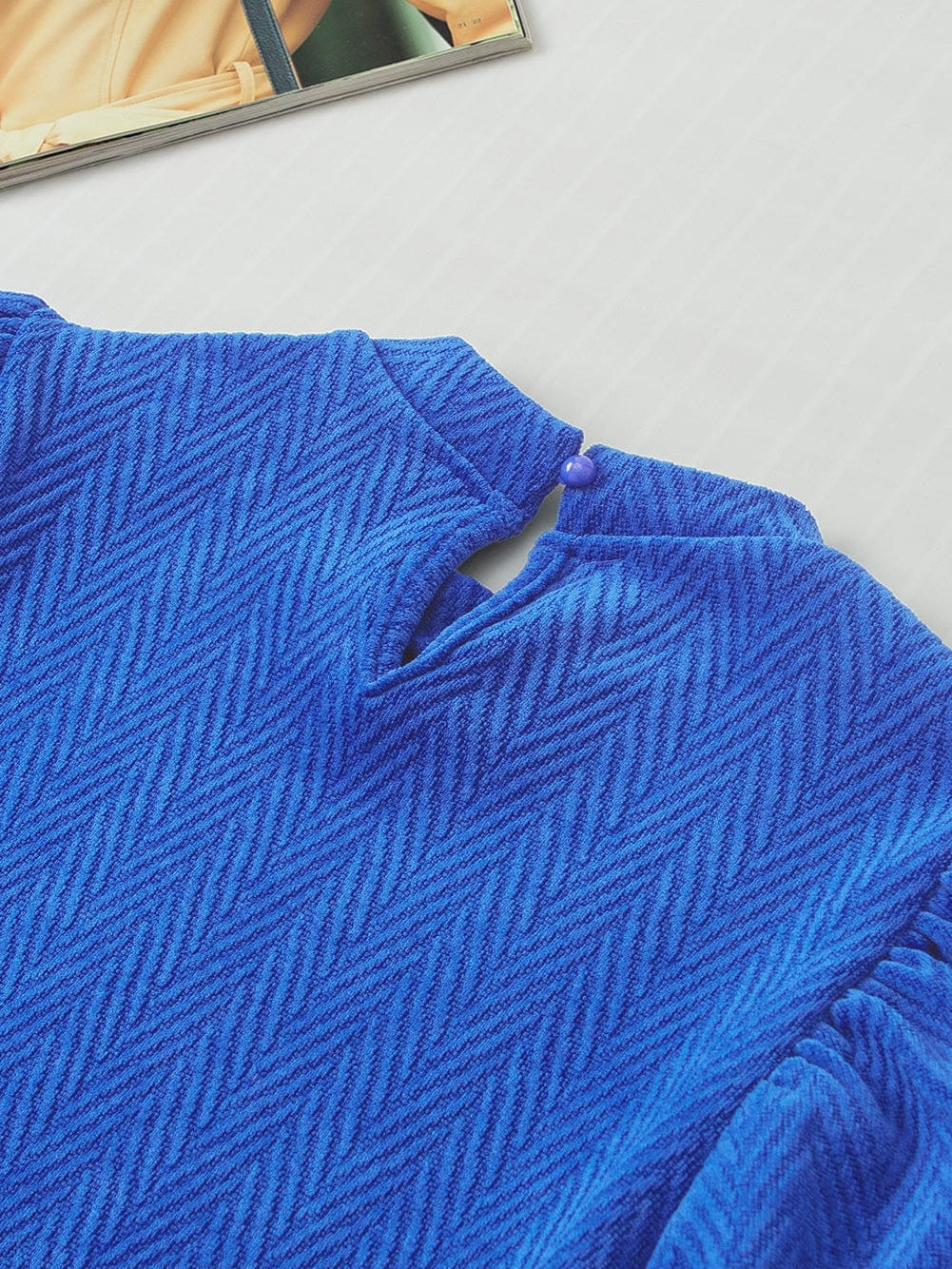 Sky Blue Chevron Texture Mock Neck Blouse