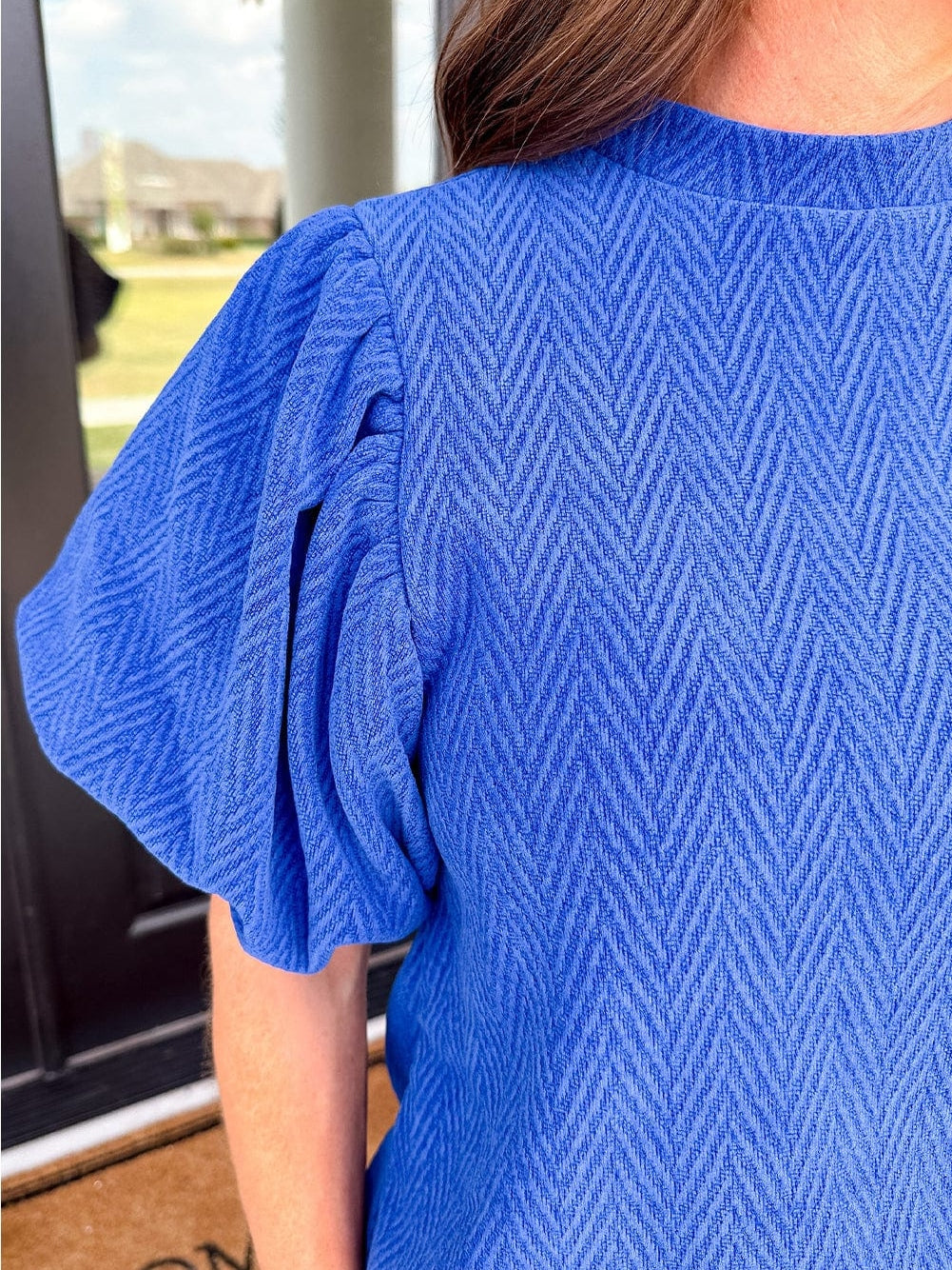 Sky Blue Chevron Texture Mock Neck Blouse