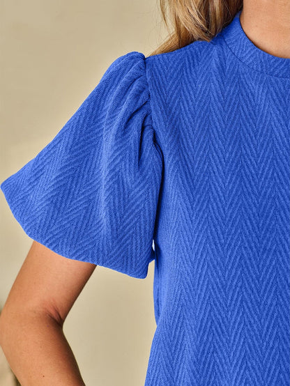 Sky Blue Chevron Texture Mock Neck Blouse