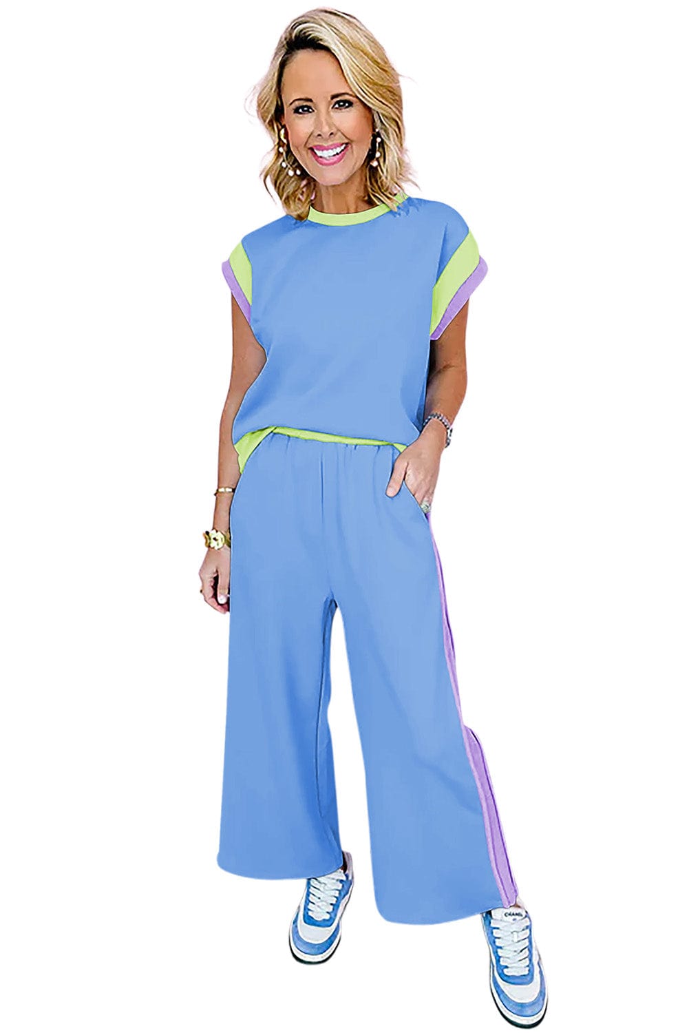 Sky Blue Colorblock Casual Two-Piece Set for Stylish Summer Days