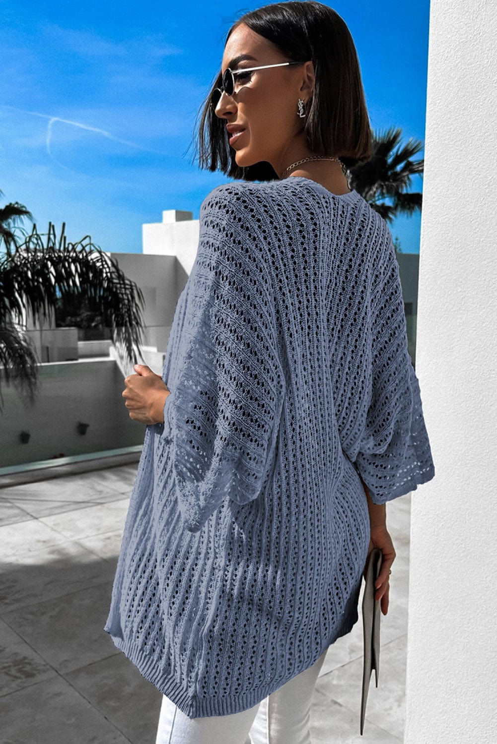 Sky Blue Crochet Knit Kimono Sleeve Cardigan