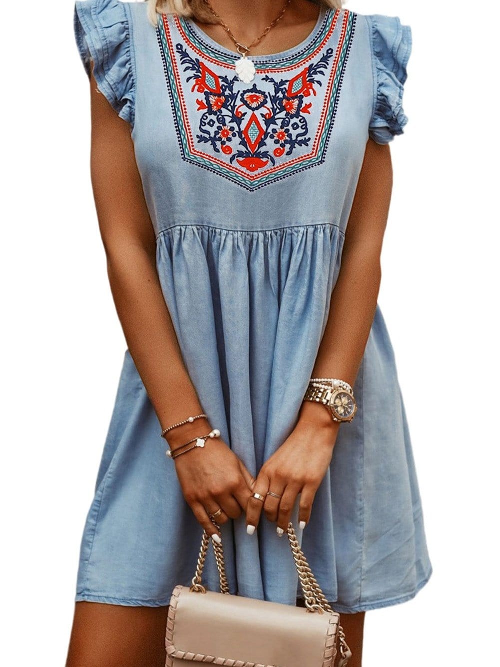 Sky Blue Embroidered Bohemian Mini Dress with Ruffle Sleeves
