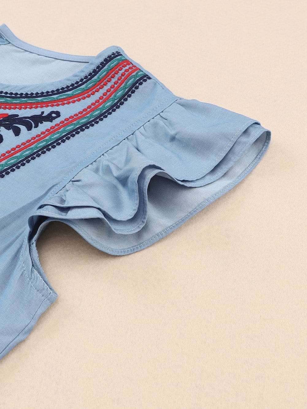 Sky Blue Embroidered Bohemian Mini Dress with Ruffle Sleeves