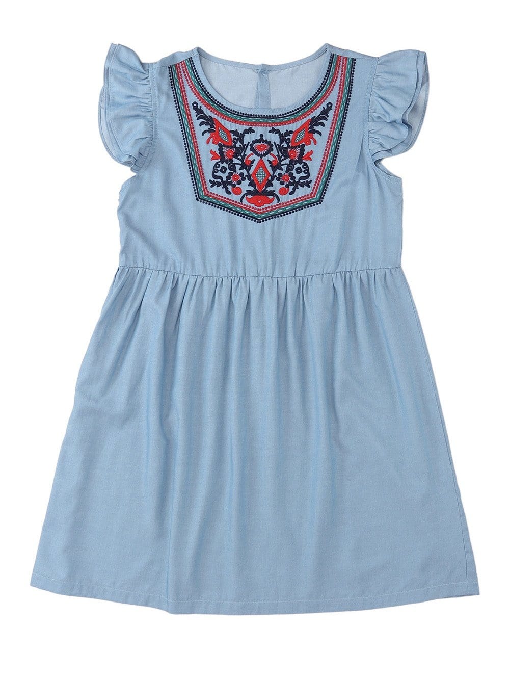 Sky Blue Embroidered Bohemian Mini Dress with Ruffle Sleeves