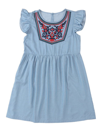 Sky Blue Embroidered Bohemian Mini Dress with Ruffle Sleeves