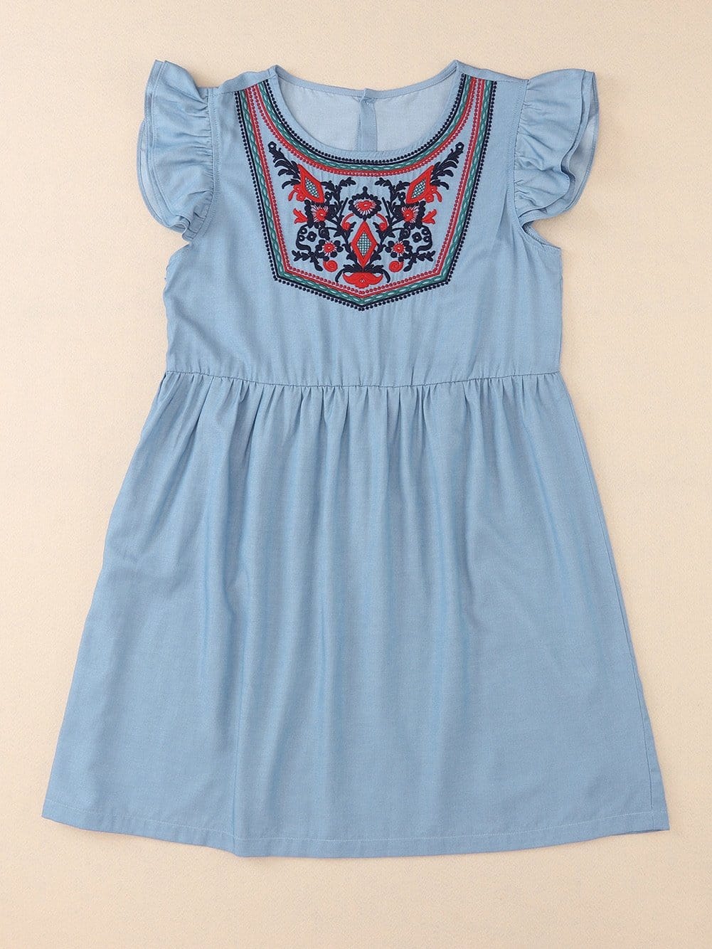 Sky Blue Embroidered Bohemian Mini Dress with Ruffle Sleeves