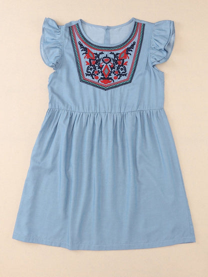 Sky Blue Embroidered Bohemian Mini Dress with Ruffle Sleeves