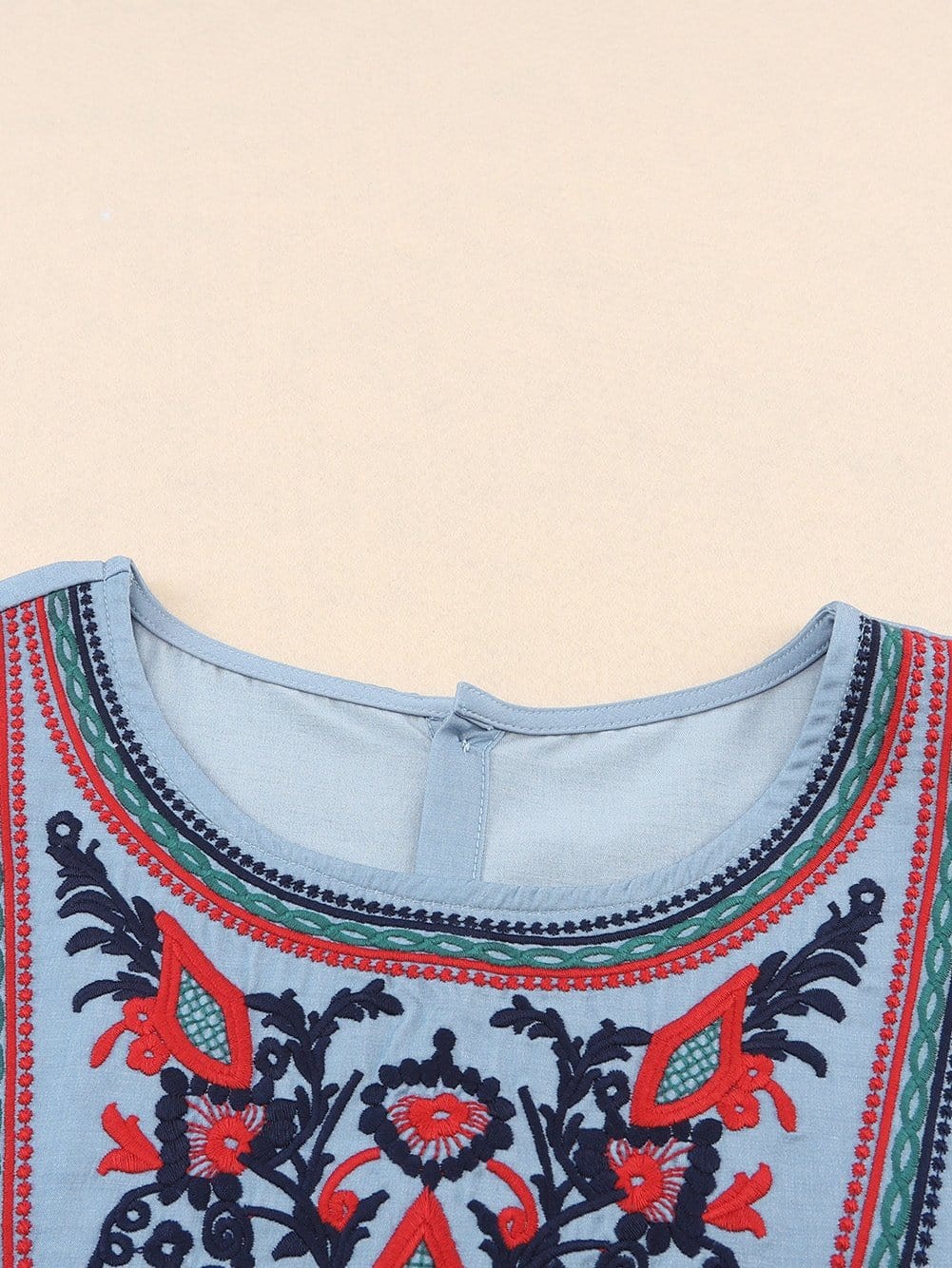 Sky Blue Embroidered Bohemian Mini Dress with Ruffle Sleeves