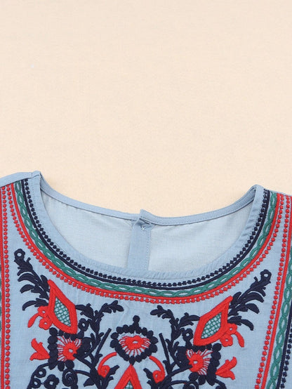 Sky Blue Embroidered Bohemian Mini Dress with Ruffle Sleeves