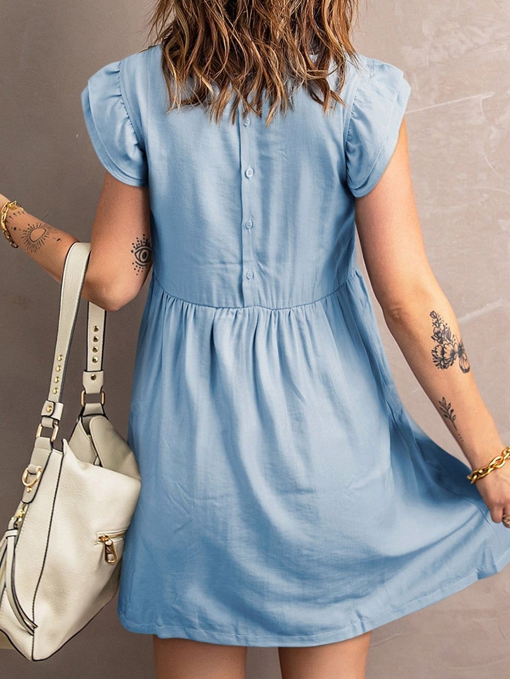 Sky Blue Embroidered Bohemian Mini Dress with Ruffle Sleeves