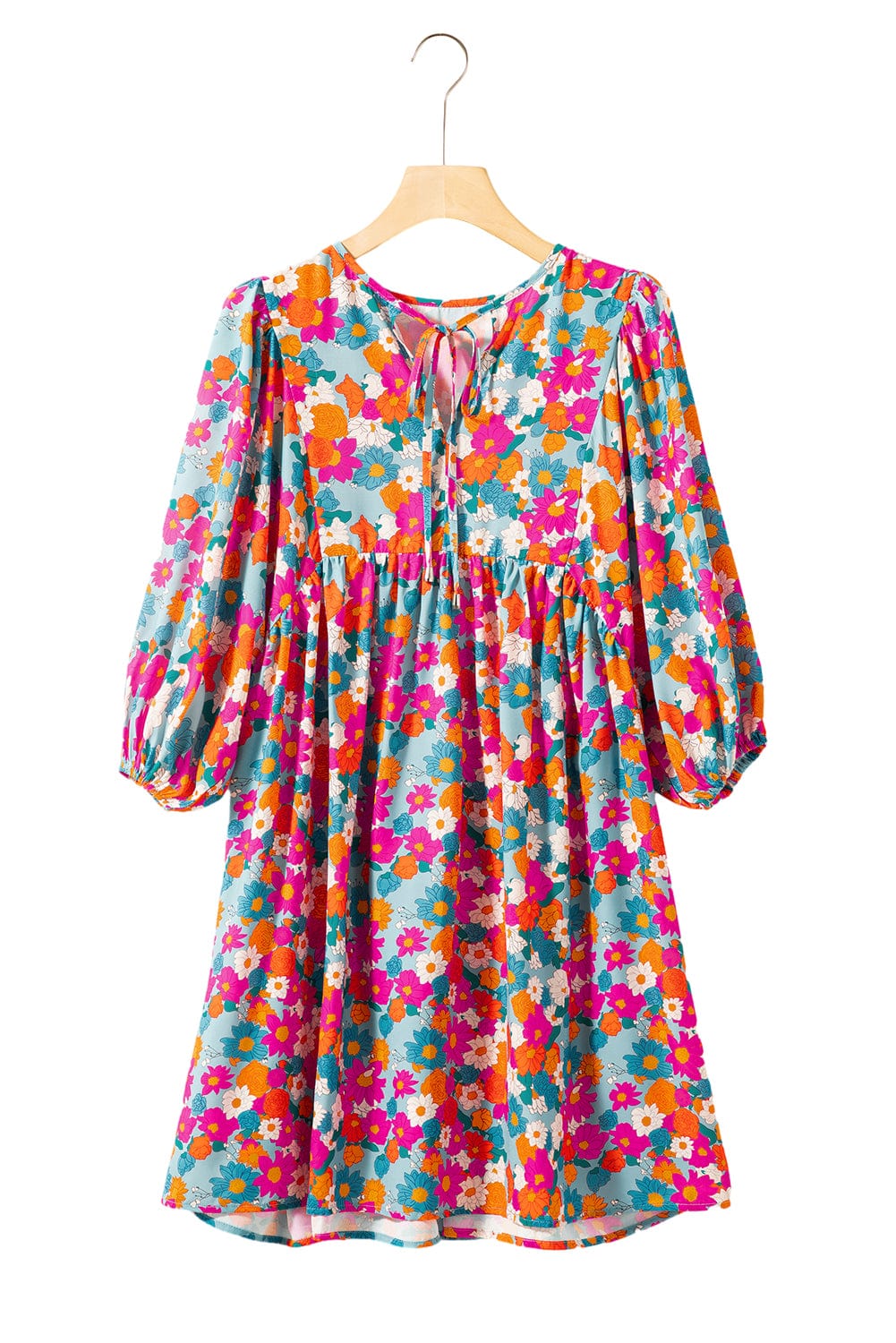 Sky Blue Floral Babydoll Dress with Split Neck and Bubble Sleeves