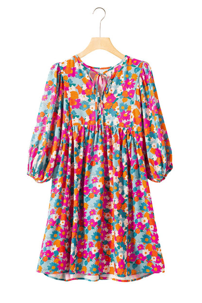 Sky Blue Floral Babydoll Dress with Split Neck and Bubble Sleeves