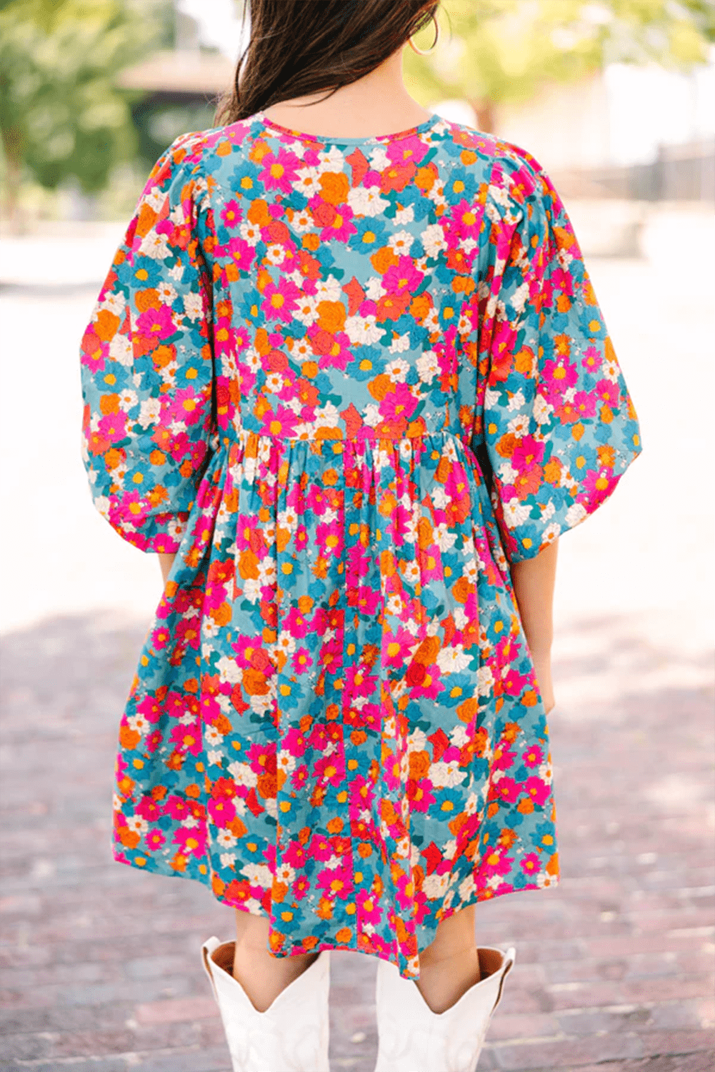 Sky Blue Floral Babydoll Dress with Split Neck and Bubble Sleeves