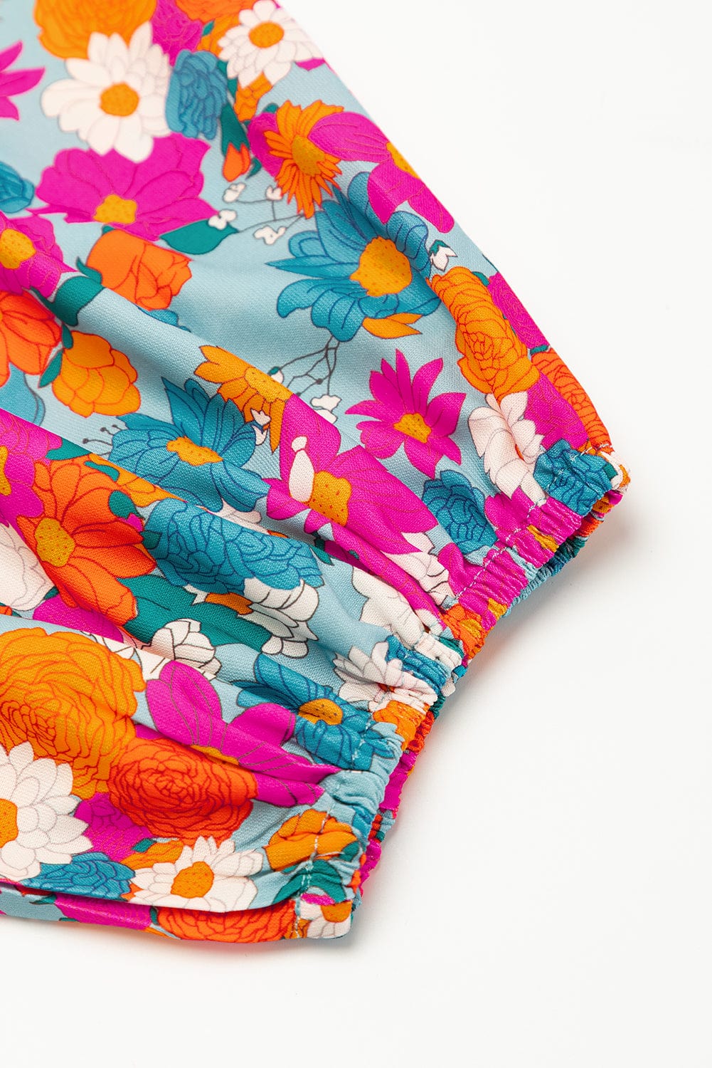 Sky Blue Floral Babydoll Dress with Split Neck and Bubble Sleeves