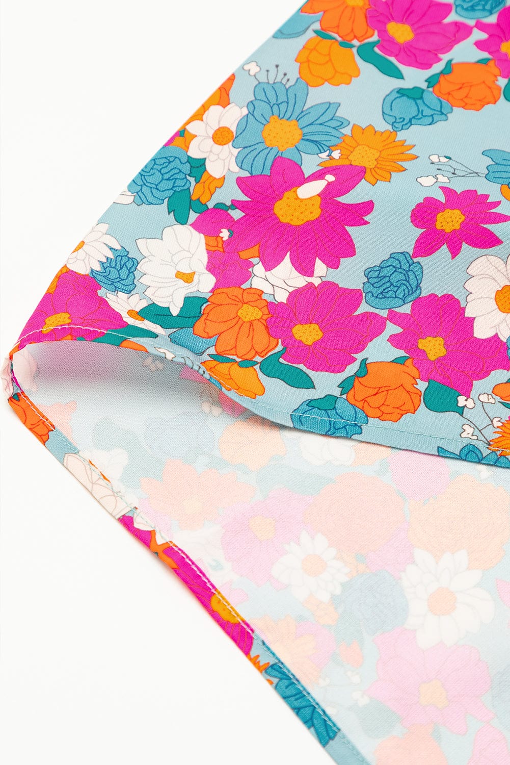 Sky Blue Floral Babydoll Dress with Split Neck and Bubble Sleeves