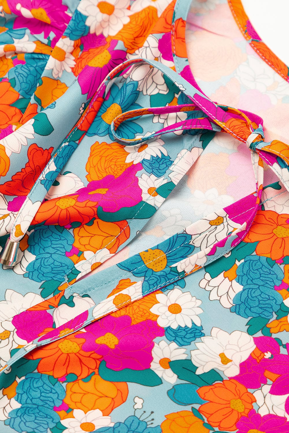 Sky Blue Floral Babydoll Dress with Split Neck and Bubble Sleeves