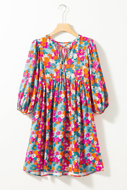 Sky Blue Floral Babydoll Dress with Split Neck and Bubble Sleeves