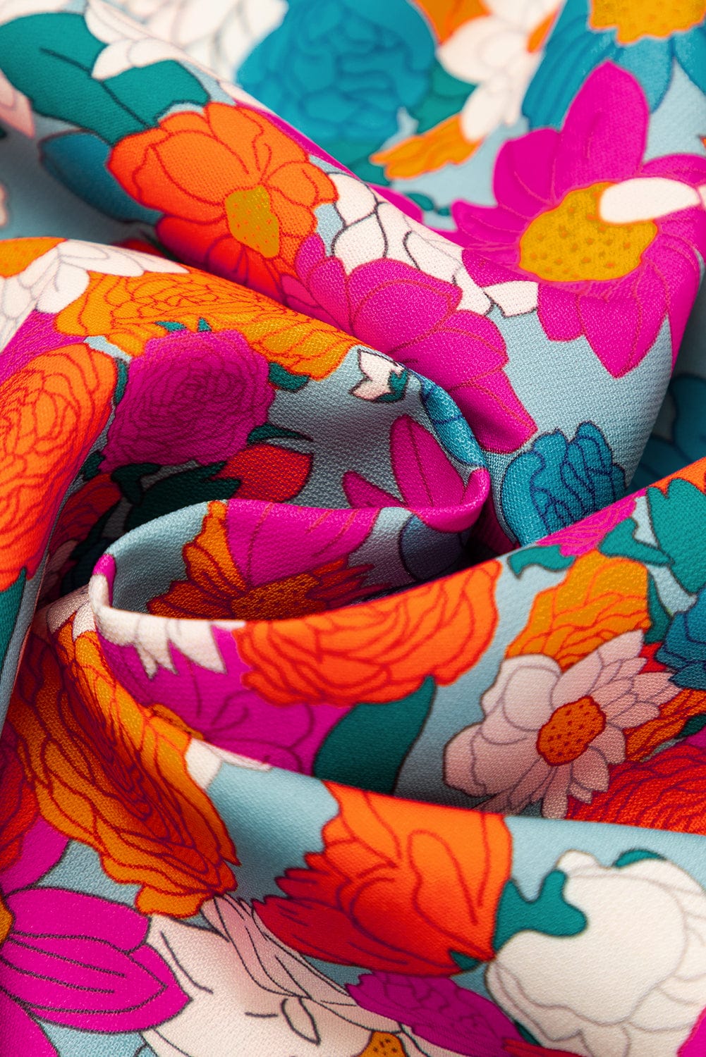 Sky Blue Floral Babydoll Dress with Split Neck and Bubble Sleeves