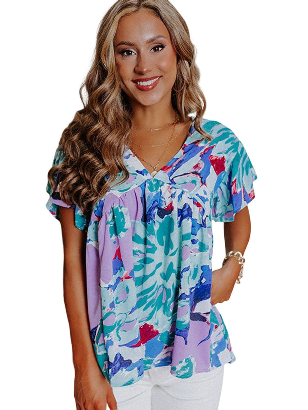 Sky Blue Floral Flutter Sleeve V Neck Sheath Blouse