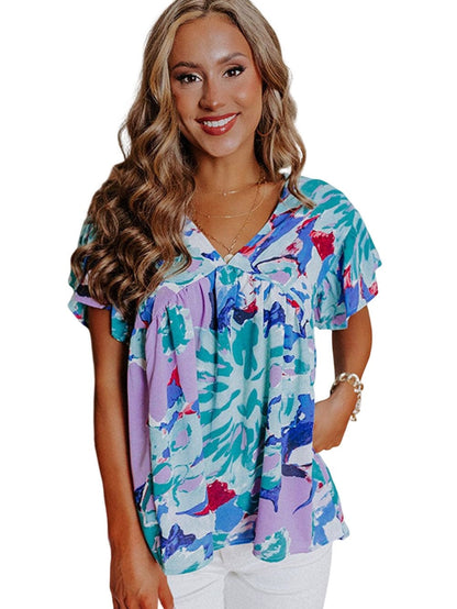 Sky Blue Floral Flutter Sleeve V Neck Sheath Blouse