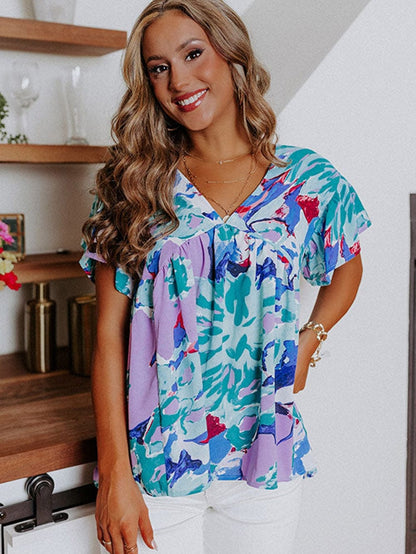 Sky Blue Floral Flutter Sleeve V Neck Sheath Blouse