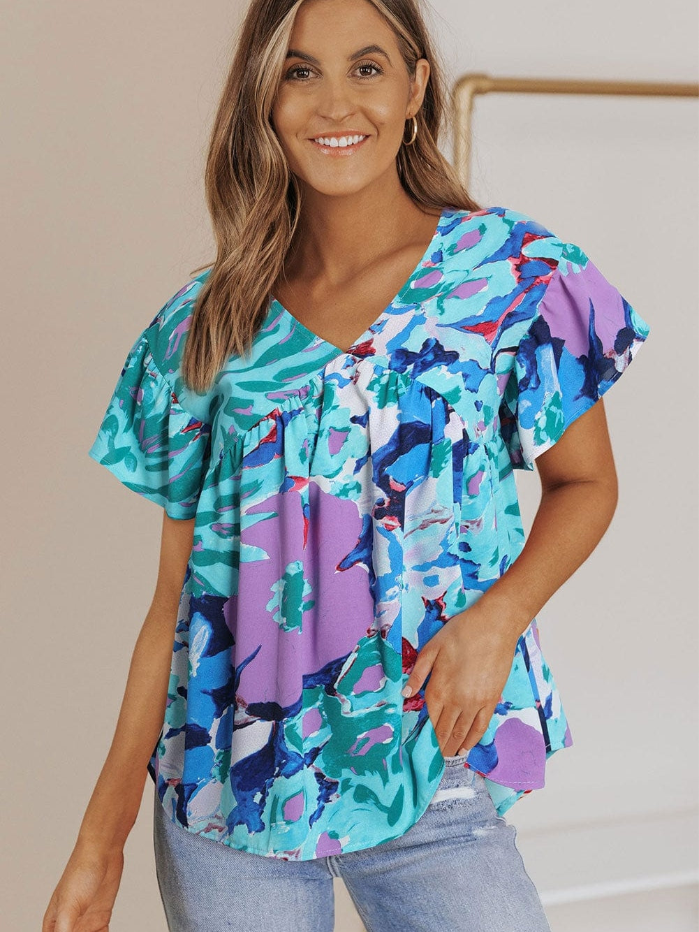 Sky Blue Floral Flutter Sleeve V Neck Sheath Blouse