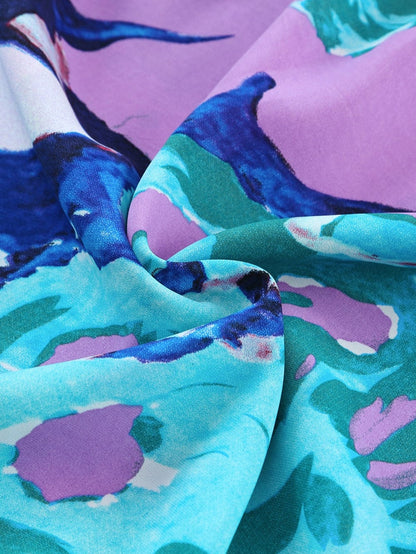 Sky Blue Floral Flutter Sleeve V Neck Sheath Blouse