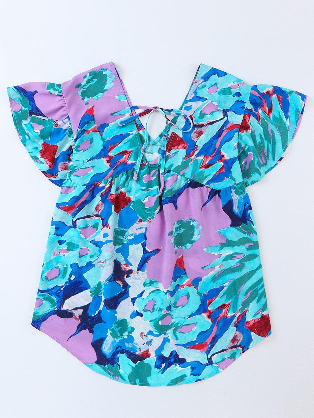 Sky Blue Floral Flutter Sleeve V Neck Sheath Blouse