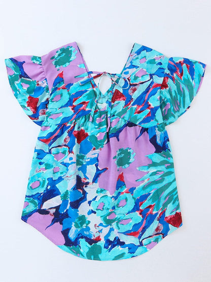 Sky Blue Floral Flutter Sleeve V Neck Sheath Blouse