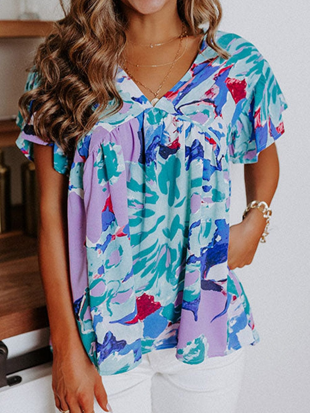 Sky Blue Floral Flutter Sleeve V Neck Sheath Blouse