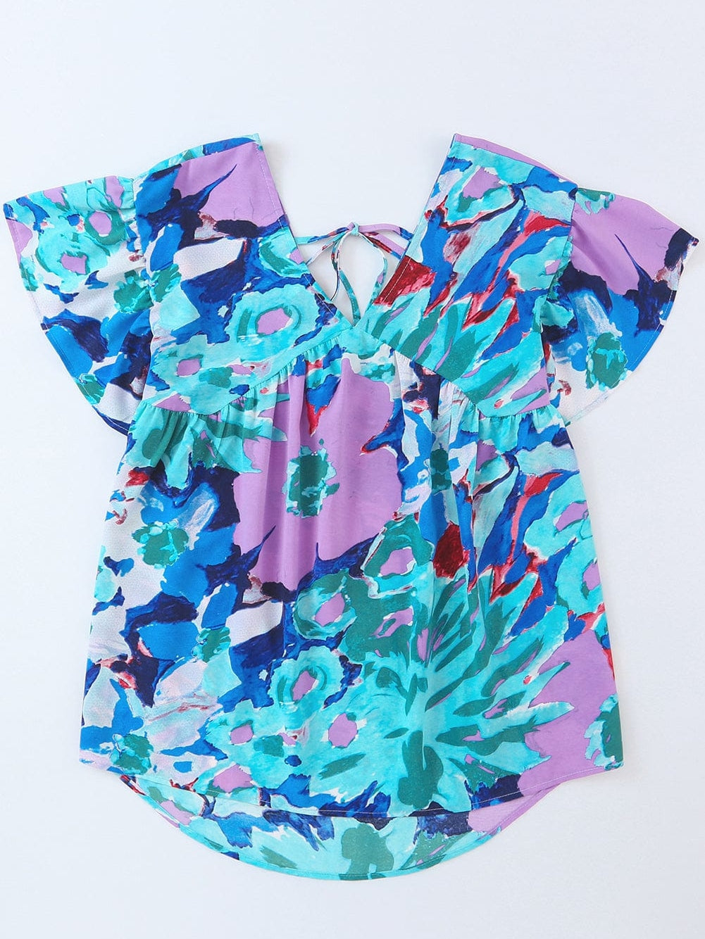 Sky Blue Floral Flutter Sleeve V Neck Sheath Blouse