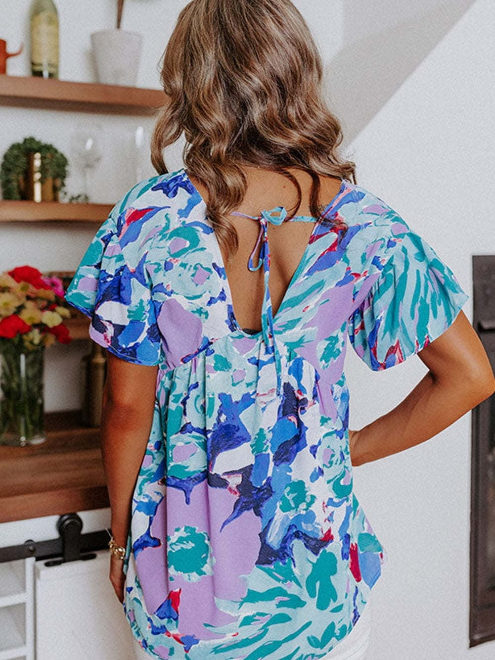 Sky Blue Floral Flutter Sleeve V Neck Sheath Blouse