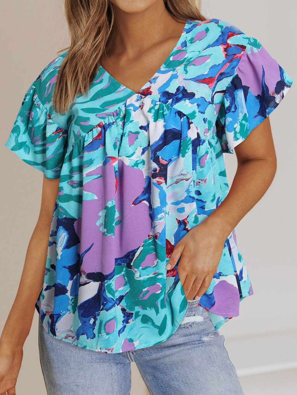 Sky Blue Floral Flutter Sleeve V Neck Sheath Blouse