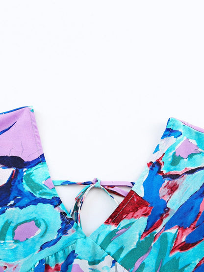 Sky Blue Floral Flutter Sleeve V Neck Sheath Blouse