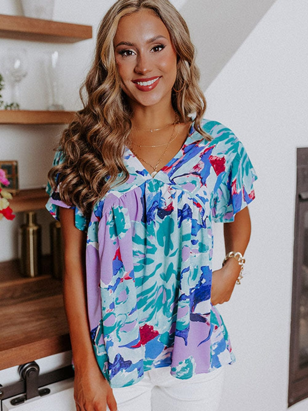 Sky Blue Floral Flutter Sleeve V Neck Sheath Blouse