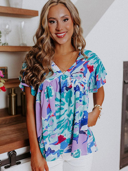 Sky Blue Floral Flutter Sleeve V Neck Sheath Blouse