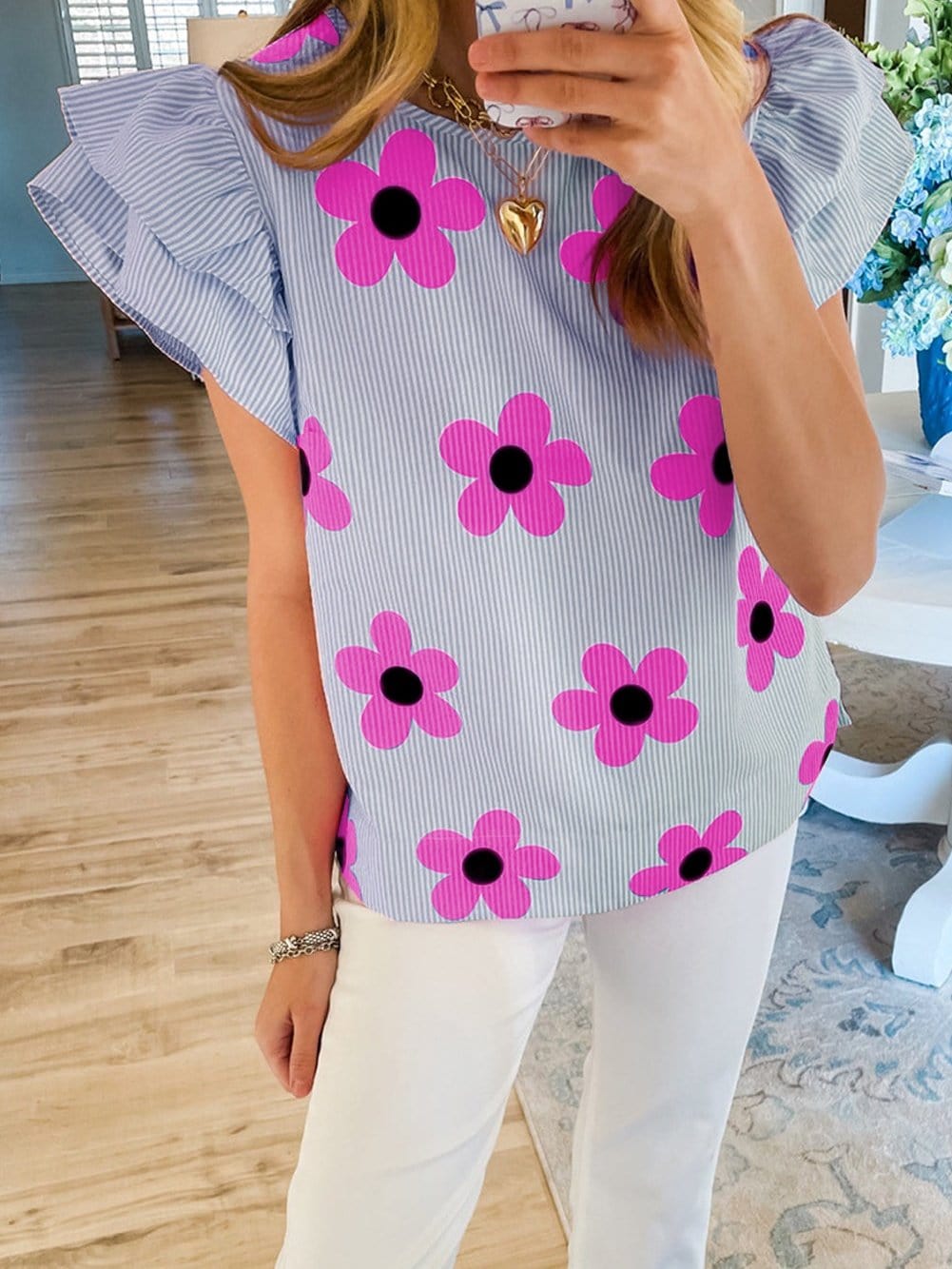 Sky Blue Floral Pinstripe Flutter Sleeve Blouse