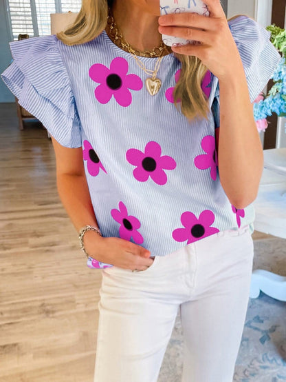 Sky Blue Floral Pinstripe Flutter Sleeve Blouse