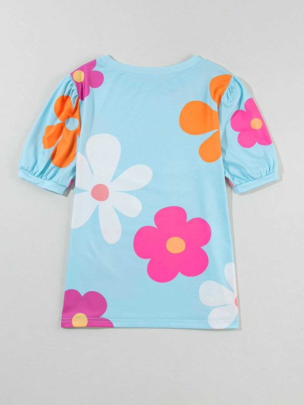 Sky Blue Floral Print Puff Sleeve T-shirt