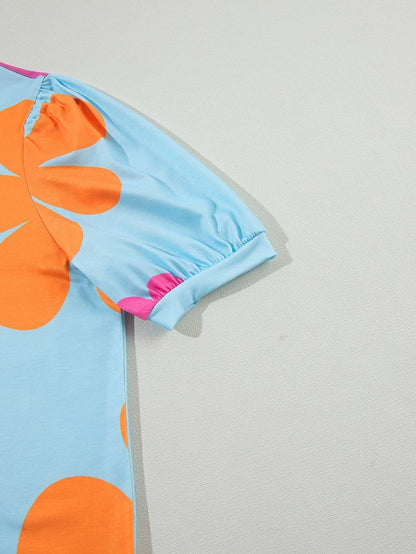 Sky Blue Floral Print Puff Sleeve T-shirt