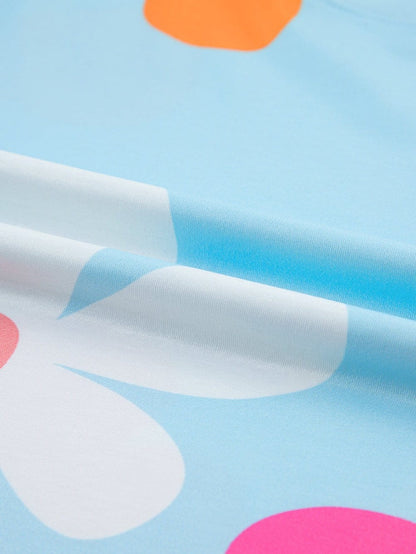 Sky Blue Floral Print Puff Sleeve T-shirt