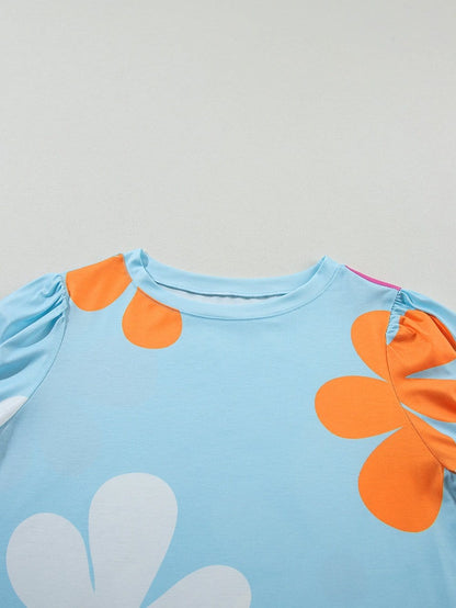 Sky Blue Floral Print Puff Sleeve T-shirt