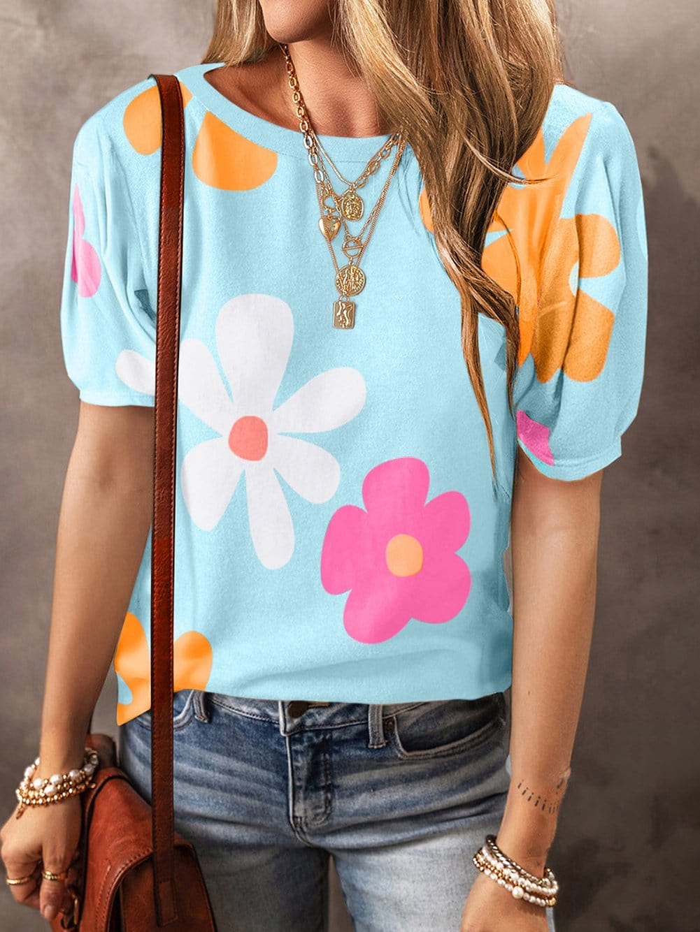 Sky Blue Floral Print Puff Sleeve T-shirt