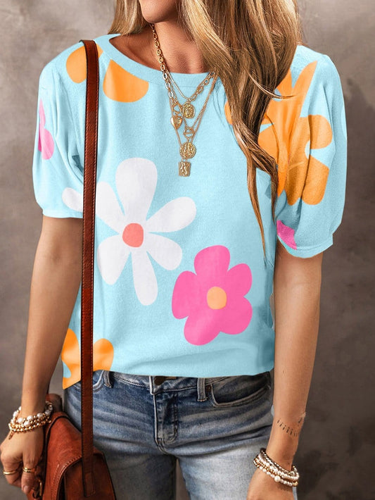 Sky Blue Floral Print Puff Sleeve T-shirt