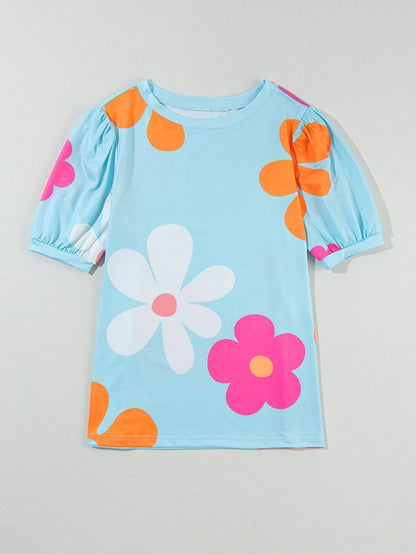 Sky Blue Floral Print Puff Sleeve T-shirt