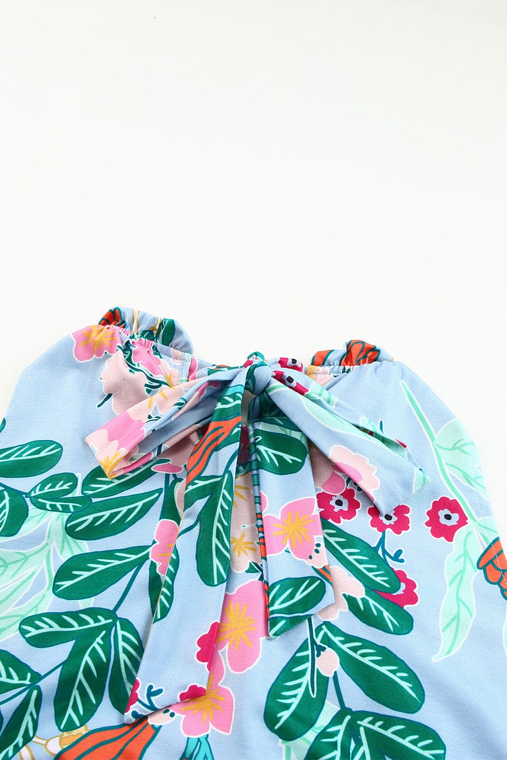 Sky Blue Floral Print Ruffled Lace-up Mock Neck Mini Dress with Southern Belle Style