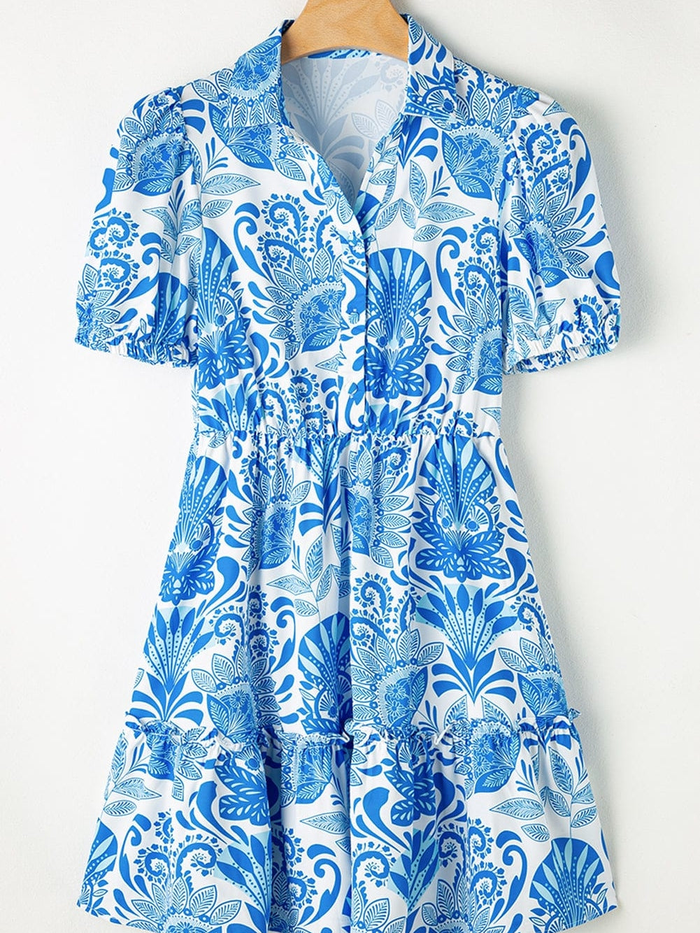 Sky Blue Floral Print Ruffled Mini Dress with Drawstring Waist