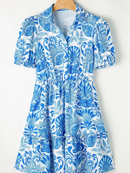Sky Blue Floral Print Ruffled Mini Dress with Drawstring Waist