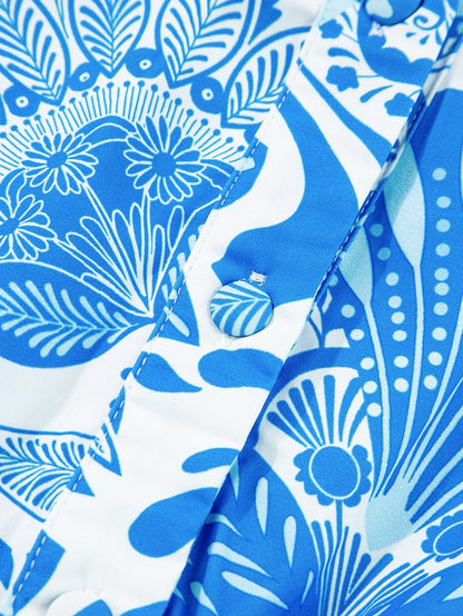 Sky Blue Floral Print Ruffled Mini Dress with Drawstring Waist